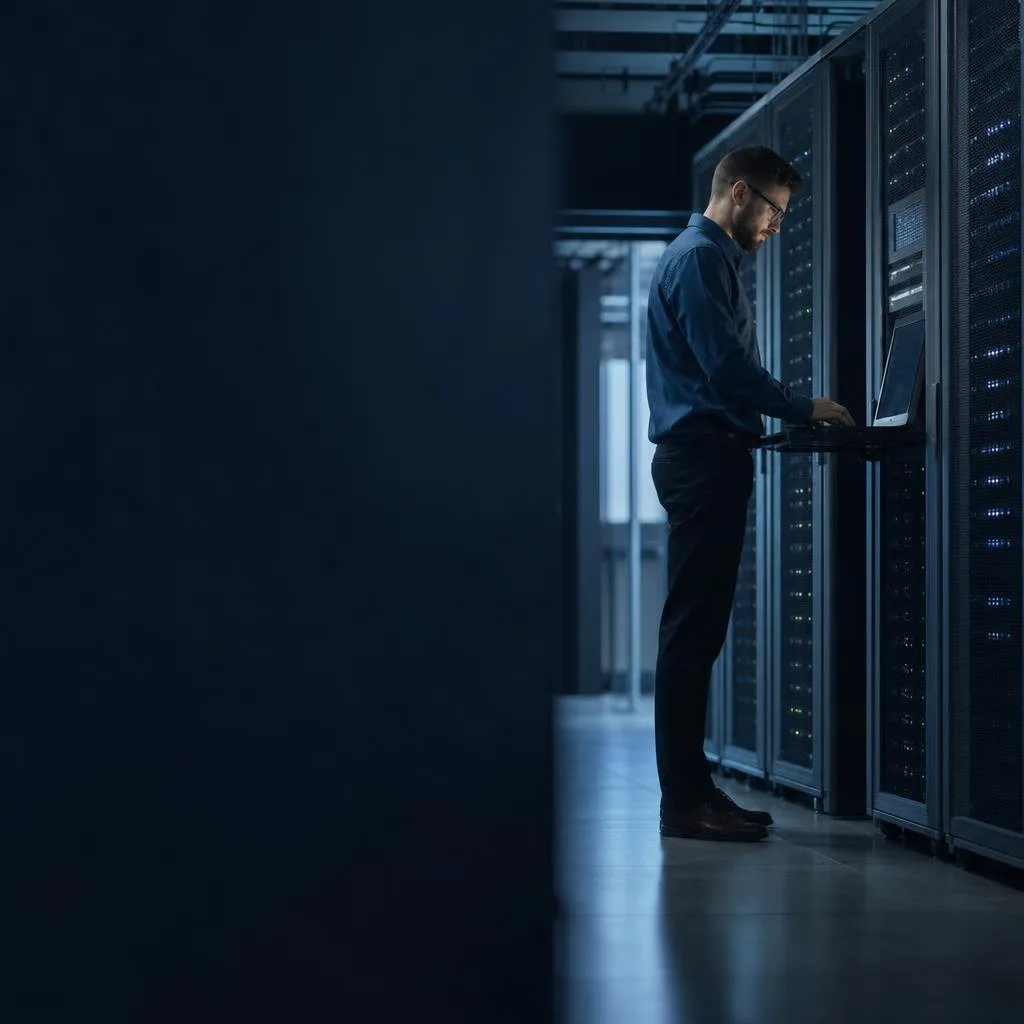 Secure server room with soft blue lighting